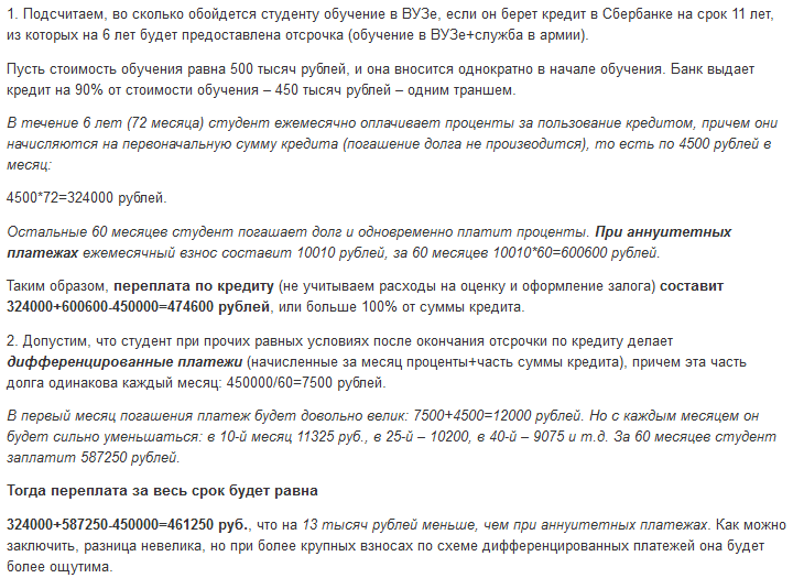 Пример выплат по образовательному кредиту