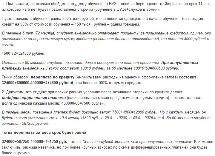 Пример выплат по образовательному кредиту